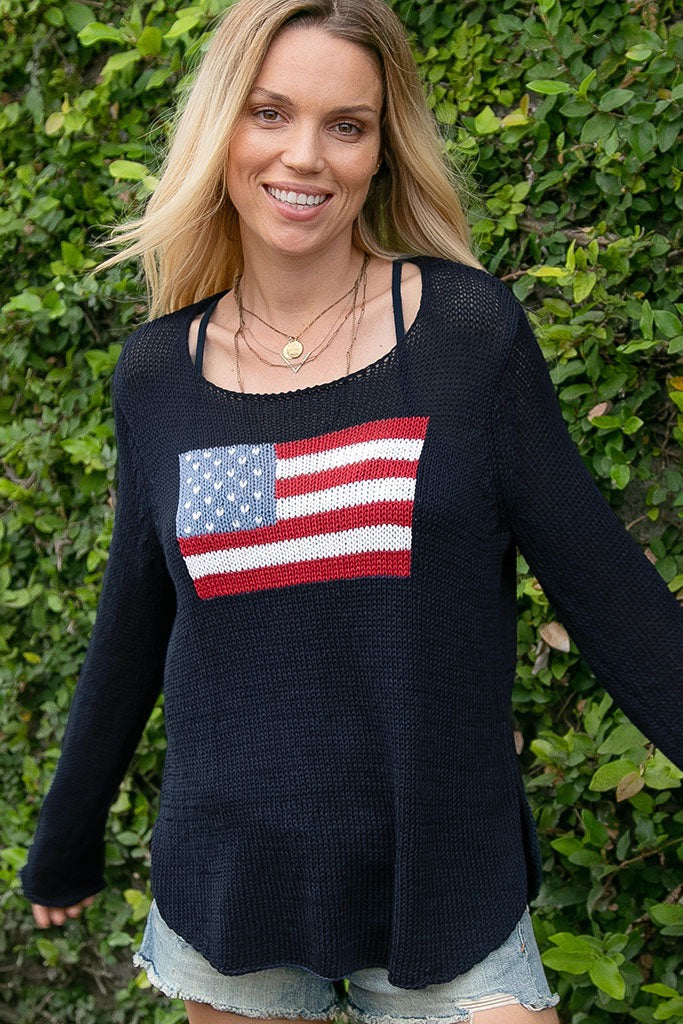Woman in cotton flag sweater