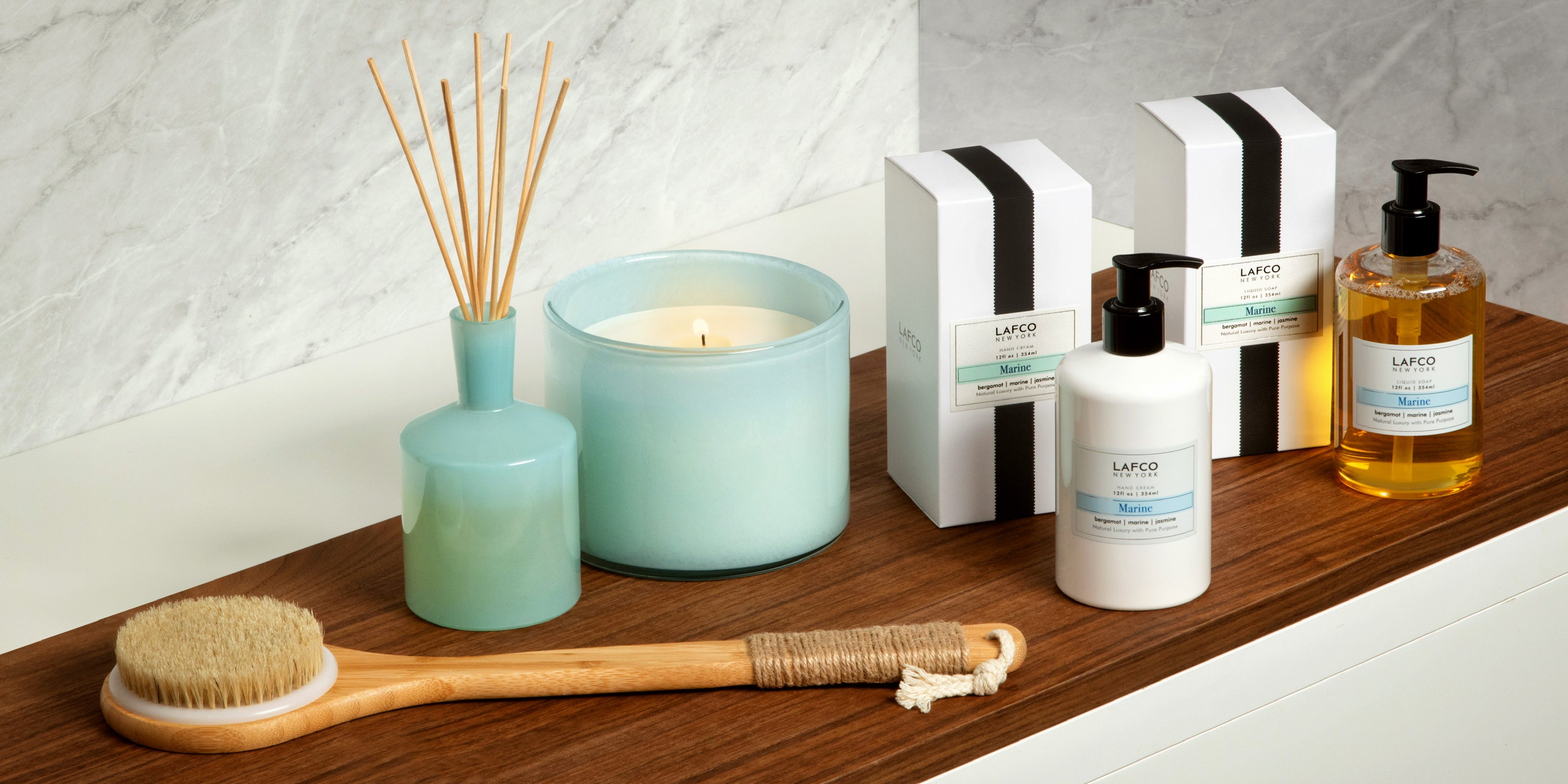 LAFCOS beach collection of candles, soaps, lotions, and dry brush