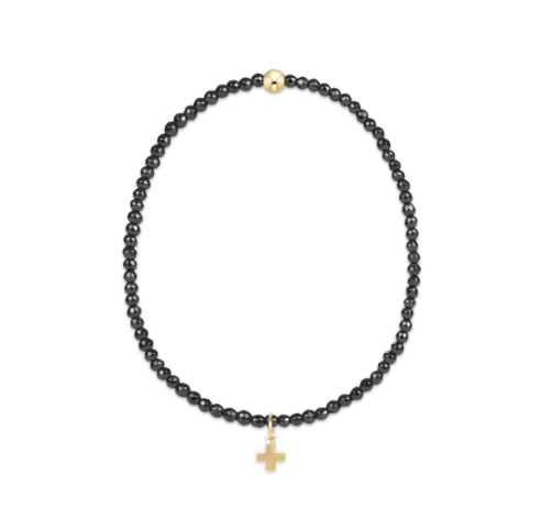 Faceted Hematite 2mm Bead Bracelet - Signature Cross Gold Charm