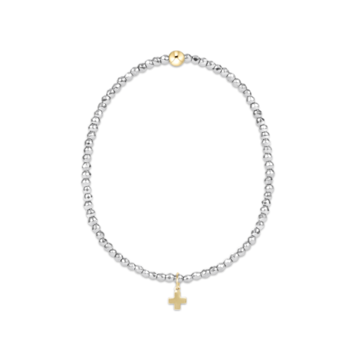 Silver beaded necklace with a gold cross pendant on a white background