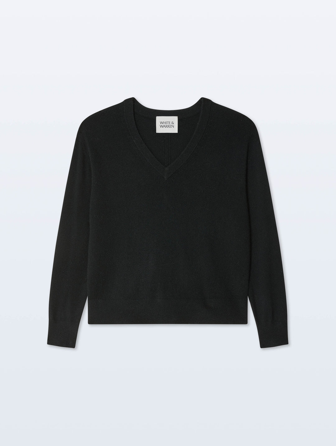 Black White & Warren cashmere V-neck sweater, soft and cozy tops, shown on a mannequin.