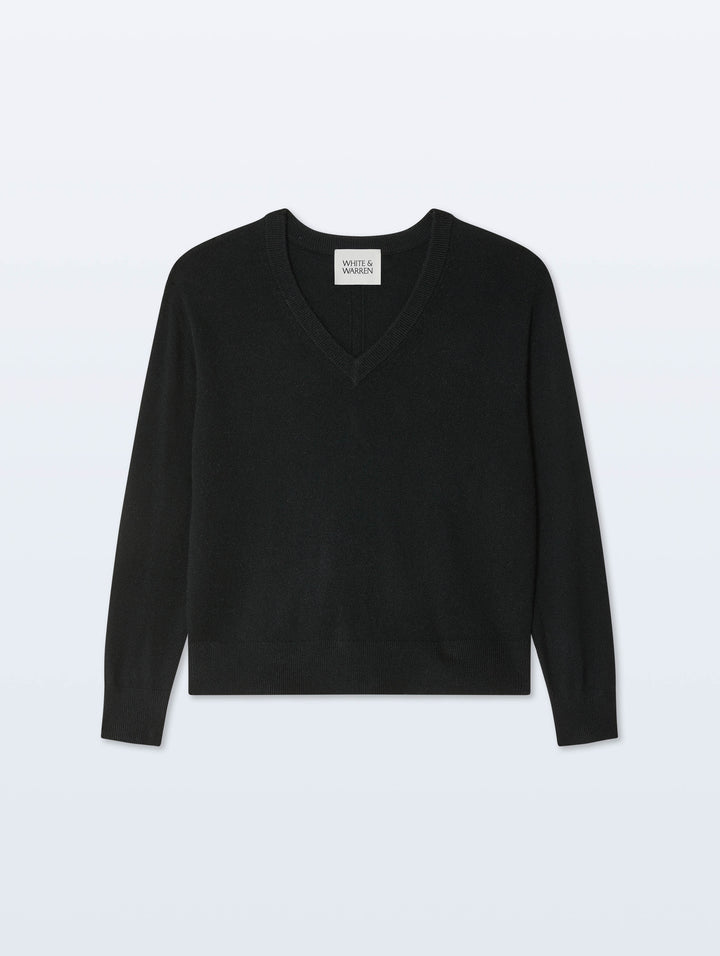 Black White & Warren cashmere V-neck sweater, soft and cozy tops, shown on a mannequin.