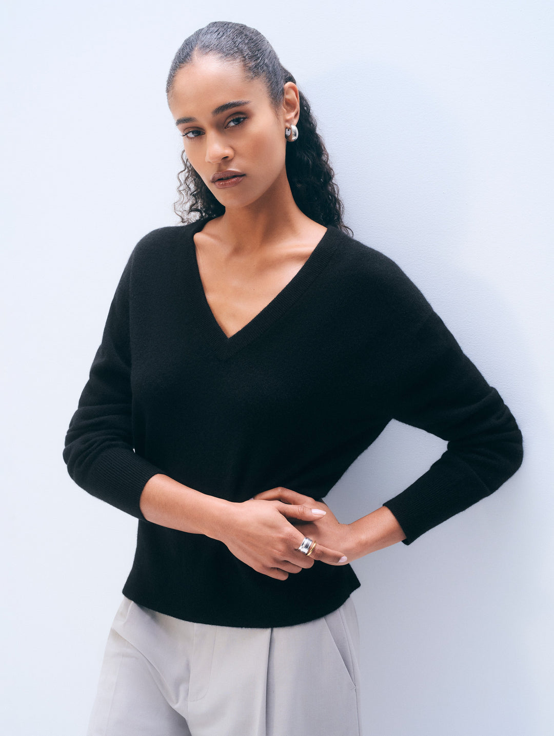 Black cashmere V-neck sweater from White & Warren, soft and cozy tops with a classic fit and smooth knit texture.