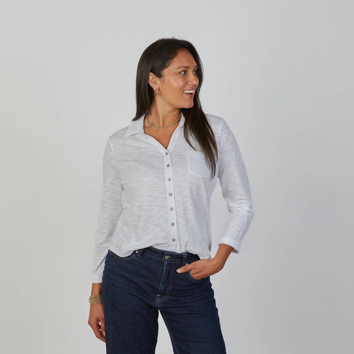 Erin Gray Alex button-down shirt, a stylish long-sleeve top in a classic design, shown on a hanger with a neutral background.