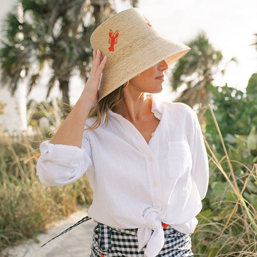 Sunshine Tienda lobster bucket hat with bright red lobster design, wide brim, and casual accessory style for summer wear.
