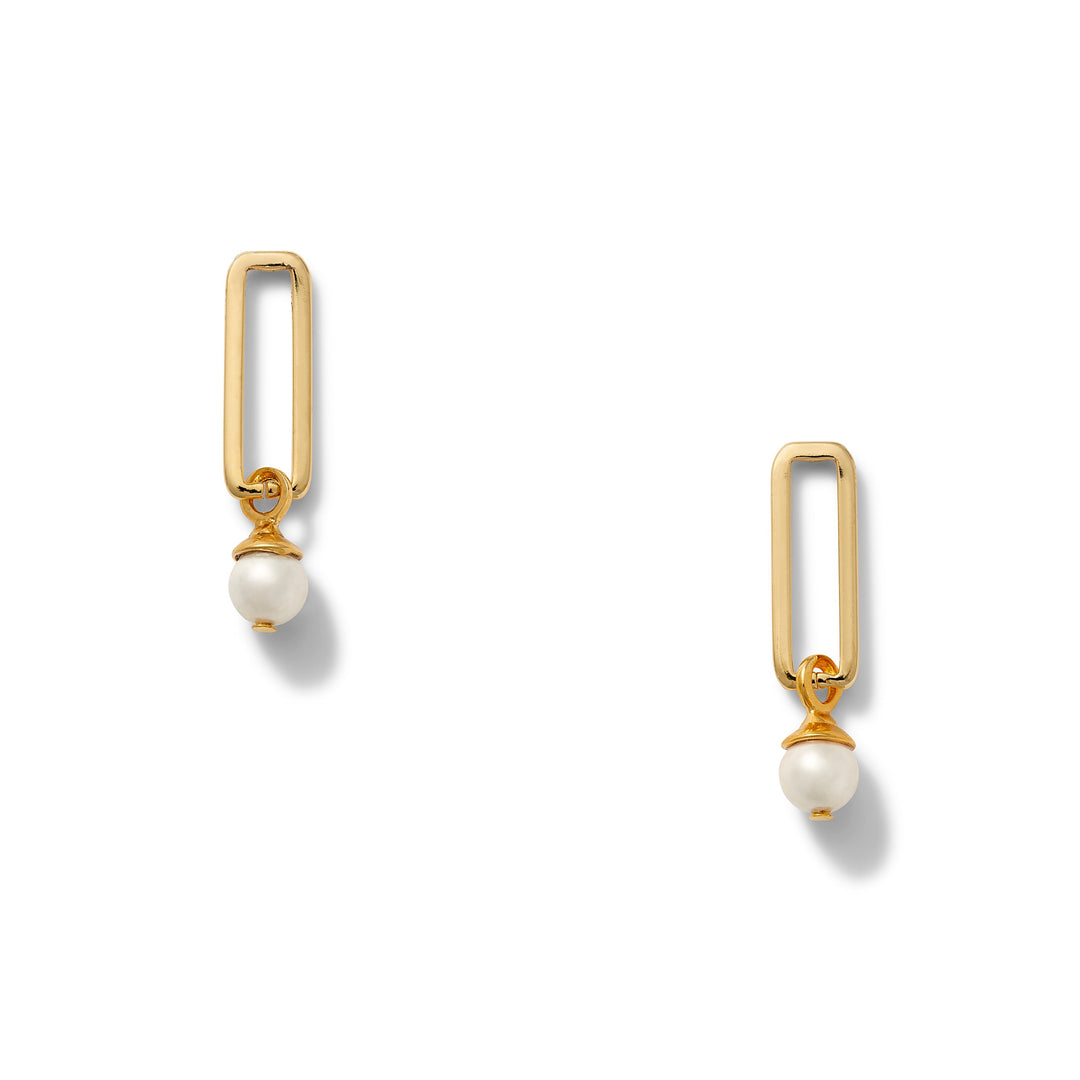 Boxy Goldie Earring by Catherine Canino, elongated boxy gold link with pearl