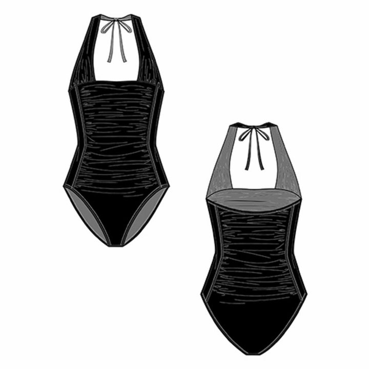Black ruched halter one-piece swimwear by Johnny Was, featuring a flattering fit and stylish design.