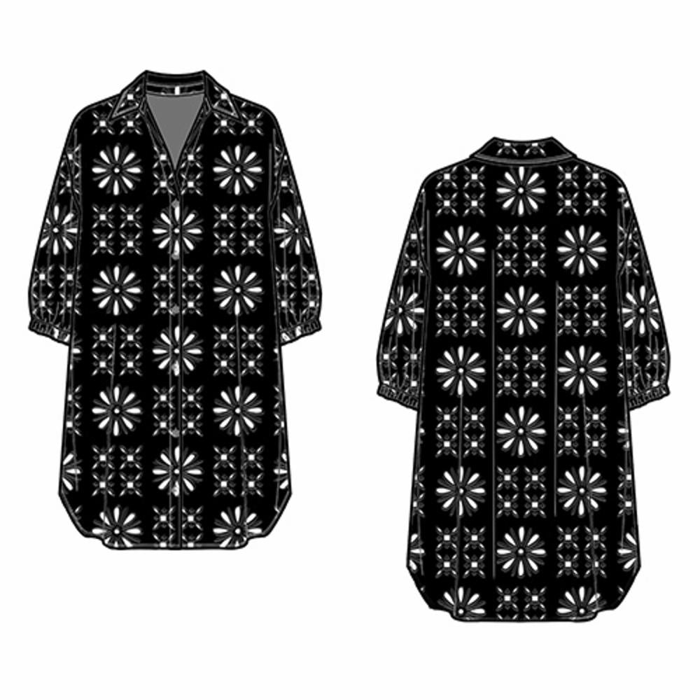Black Johnny Was eyelet button-down swim shirt dress with long sleeves and a relaxed fit, displayed on a model.