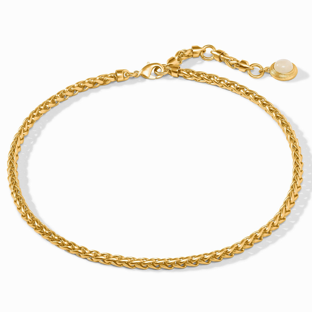 Julie Vos gold over jewelry cobblestone link necklace shown from overhead, highlighting its elegant design and textured links.