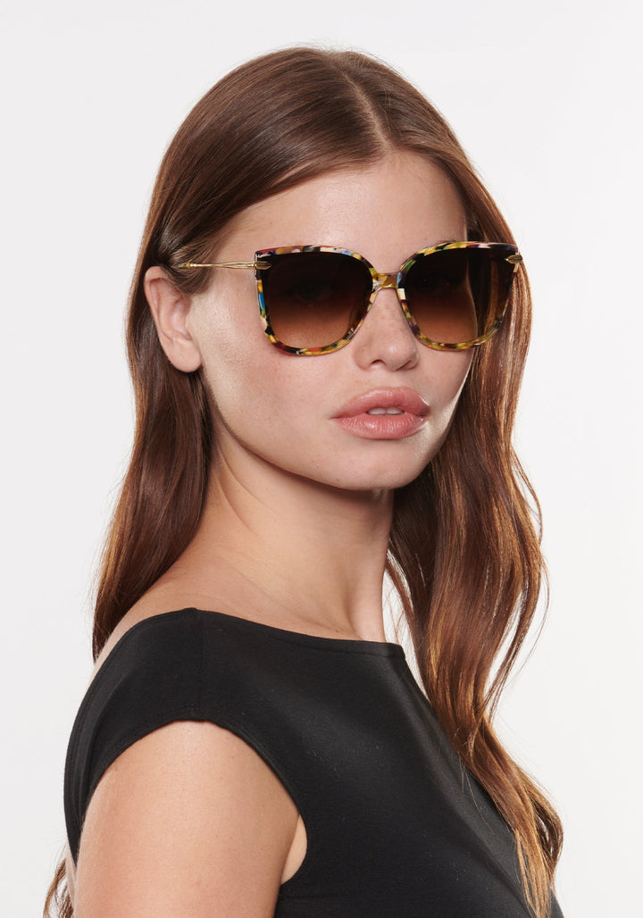 Model wearing KREWE Dede Nylon Canary oversized square sunglasses