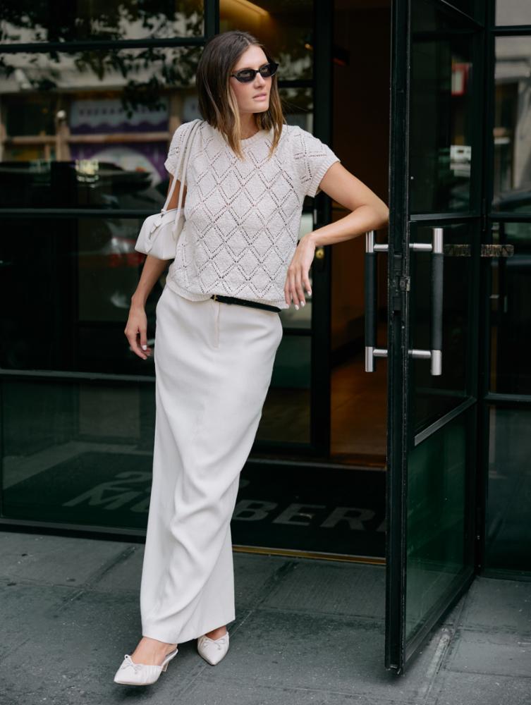 White & Warren Luxe Cotton Pointelle Top, lightweight knit with delicate pointelle pattern, shown on a model.
