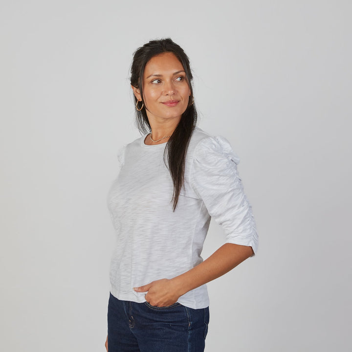 Erin Gray Sophie Ruched Elbow-length Tee in White, styled view.