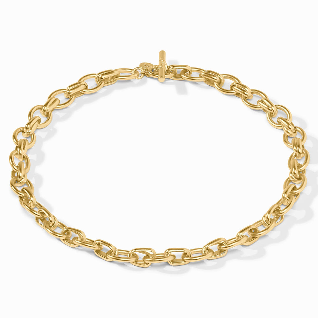 Gold over Essex Link necklace by Julie Vos, showing a close-up of the elegant jewelry piece with intricate link design.