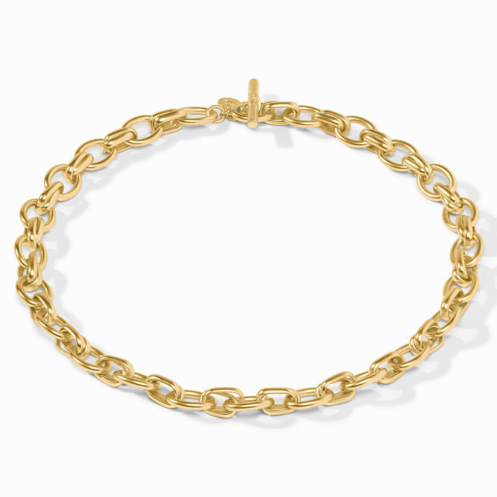 Gold over Essex Link necklace by Julie Vos, showing a close-up of the elegant jewelry piece with intricate link design.