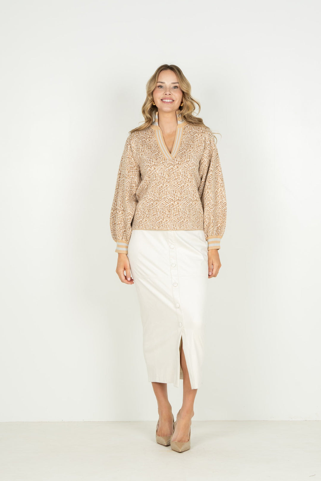 Emily McCarthy Lolli Sweater with mosaic monogram design, front view showing cozy knit fabric and stylish pattern.