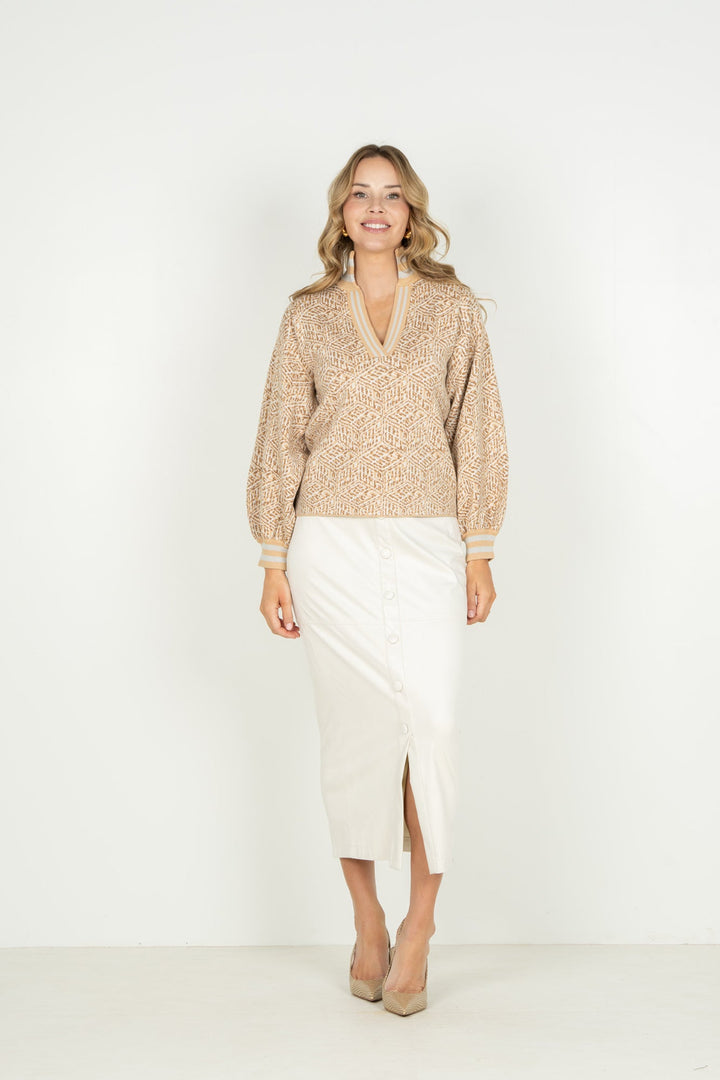 Emily McCarthy Lolli Sweater with mosaic monogram design, front view showing cozy knit fabric and stylish pattern.