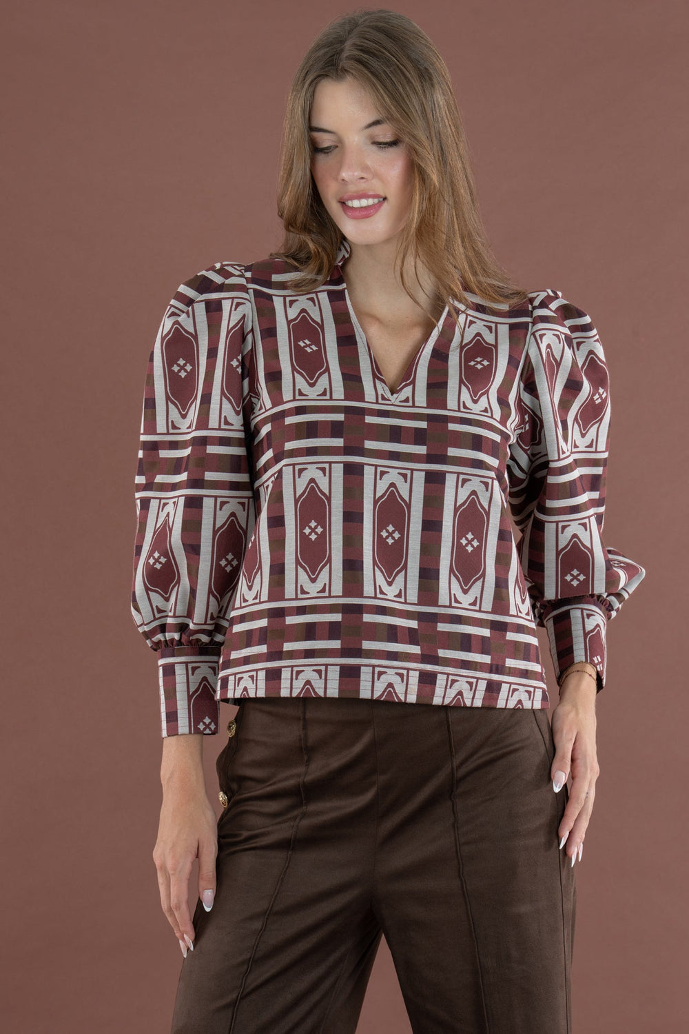 Emily McCarthy Hampton Duomo Jacquard Top, close-up of stylish patterned tops with intricate jacquard fabric.