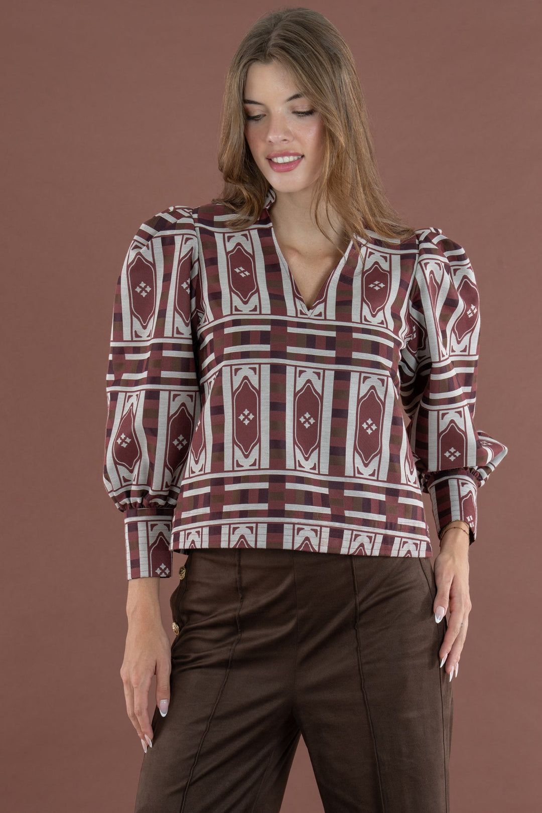Emily McCarthy Hampton Duomo Jacquard Top, close-up of stylish patterned tops with intricate jacquard fabric.