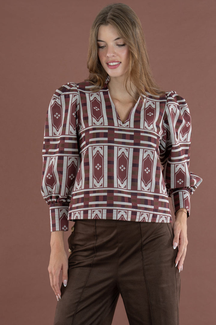 Emily McCarthy Hampton Duomo Jacquard Top, close-up of stylish patterned tops with intricate jacquard fabric.
