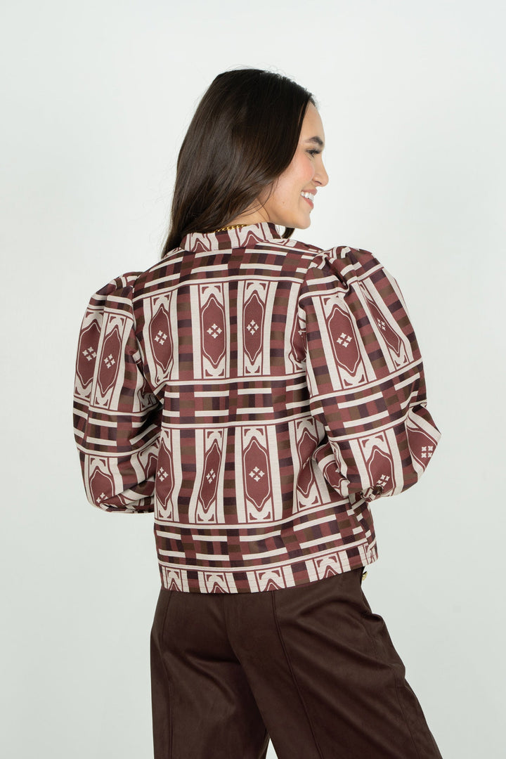 Emily McCarthy Hampton Duomo Jacquard Top, back view showing intricate woven fabric and stylish design in a vibrant top.