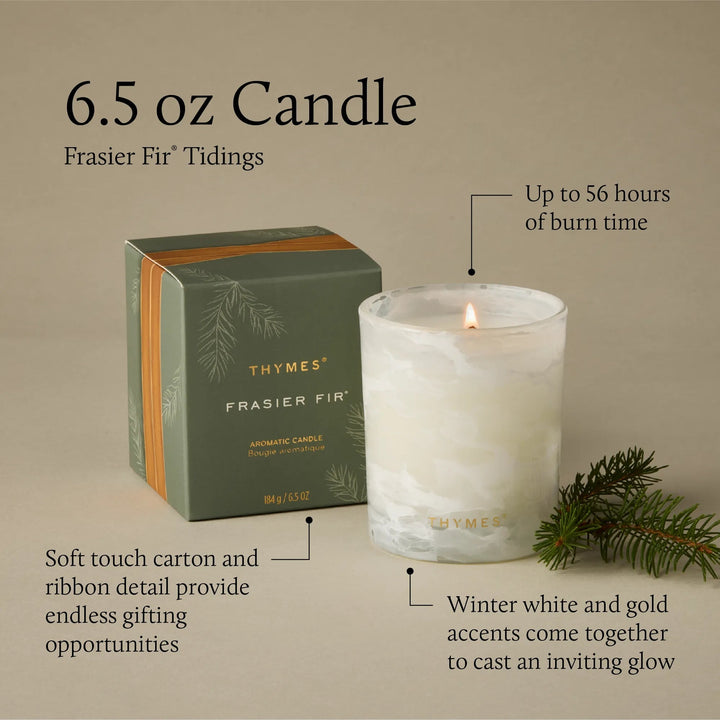 Thymes Tidings boxed candle for home decor, featuring a festive design and soft candlelight in a decorative box.