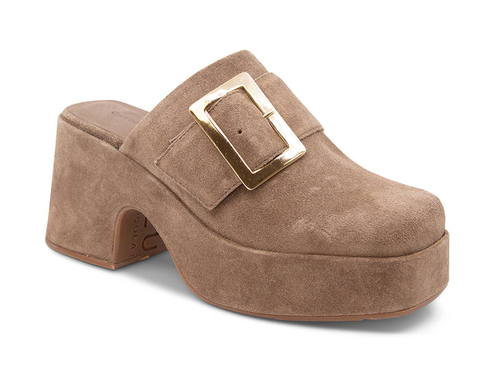 Haze toffee suede platform mule with gold buckle, side angle view