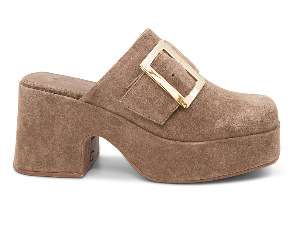 Haze toffee suede platform mule, side view
