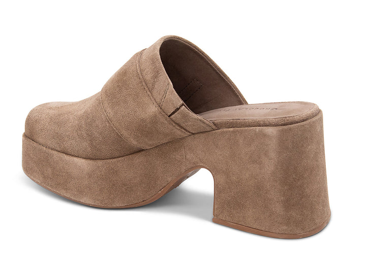Haze toffee suede platform mule, side angle view