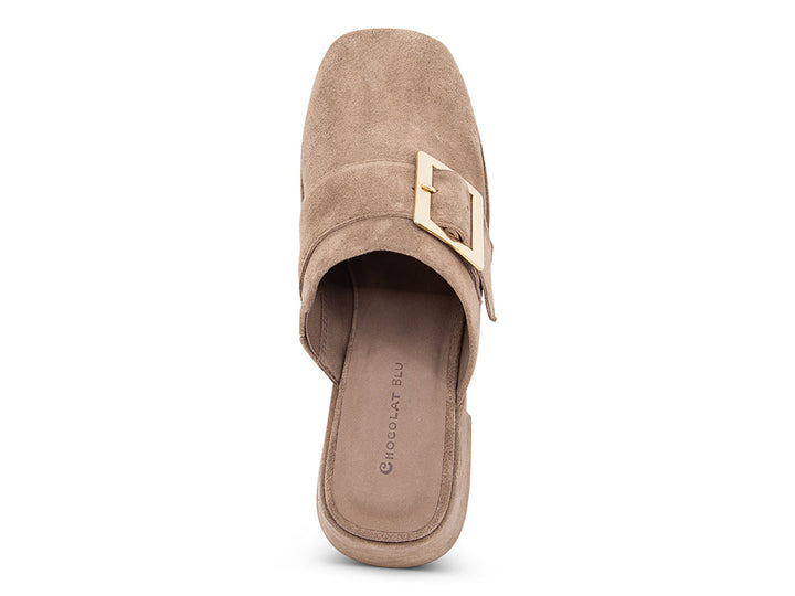 Haze toffee suede platform mule, top view