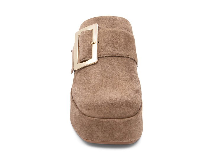 Haze toffee suede platform mule, front view