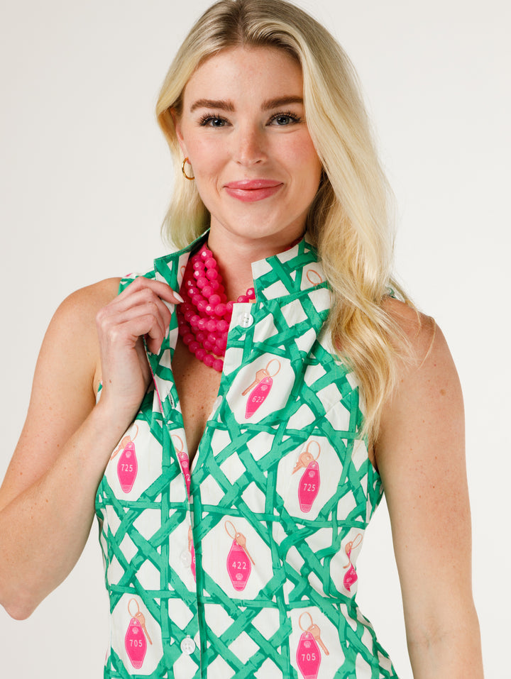 Holly Shae Miller “Motel Key” dress featuring a playful hotel key print, sleeveless design, and summer-ready style.