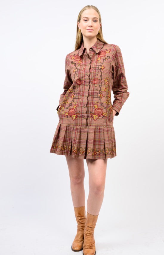 Plaid Embroidered Pleated Dress