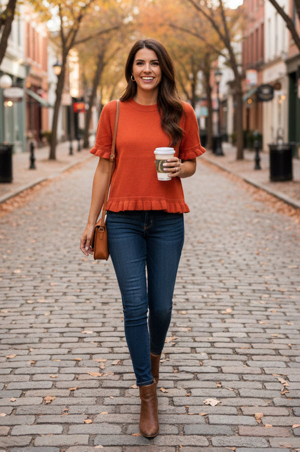 An orange short-sleeve knit top with ruffled trim at the sleeve cuffs and hem, hanging on a wooden hanger on a metal clothing rack in a storage or warehouse setting.
