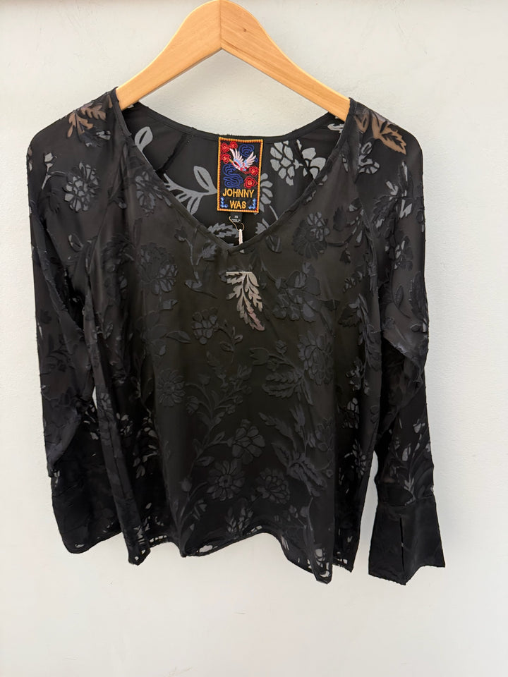 Johnny Was Mayson Flare Sleeve Top with bohemian print and flowing flared sleeves
