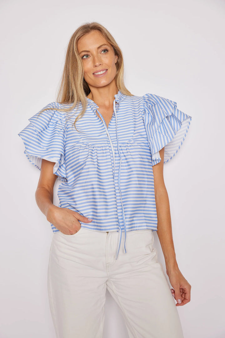 Blue & White Stripe Ruffle Top