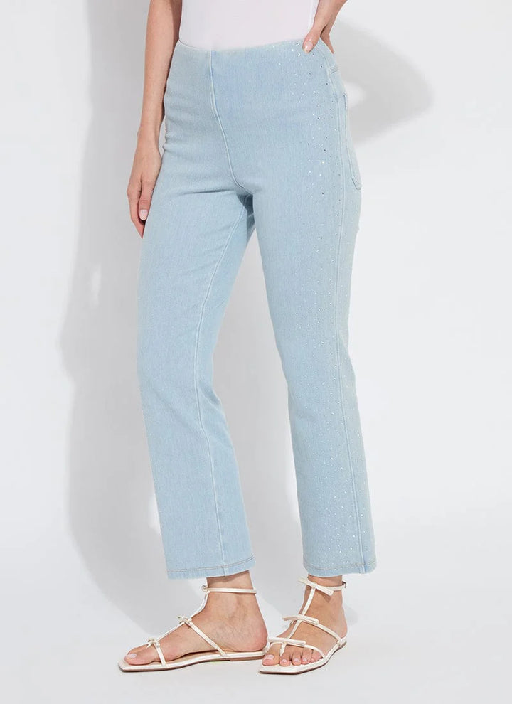 Lysse Erin Crystal Wide Leg Denim bottoms with crystal embellishments and high-rise fit, shown on a model.