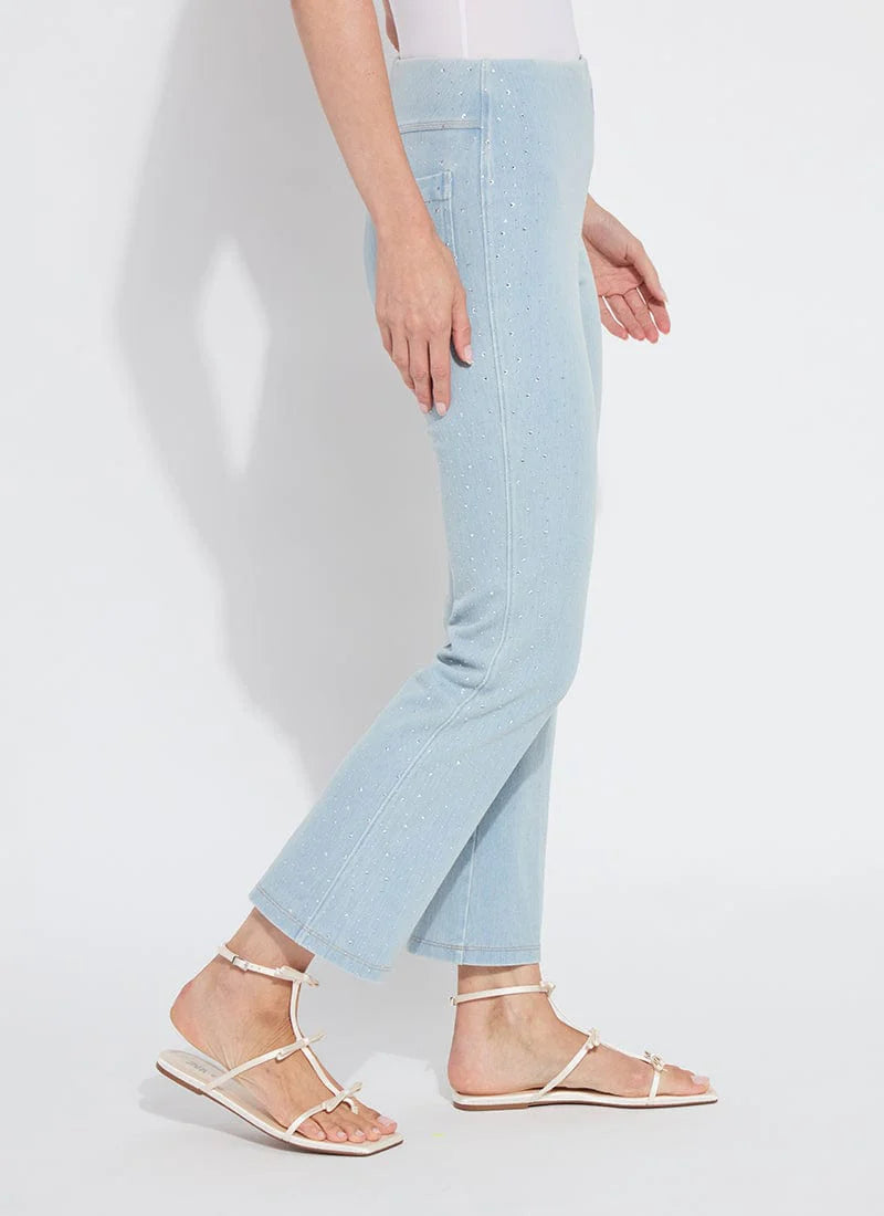 Lysse Erin Crystal Wide Leg Denim bottoms with crystal embellishments, featuring a relaxed fit and wide-leg style.