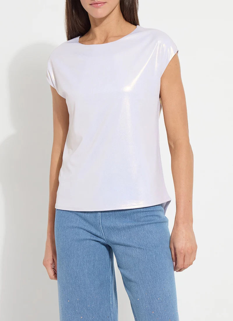 Lysse metallic jersey top with long sleeves and fitted design, showcasing shiny, stretchy fabric in a stylish, modern style.