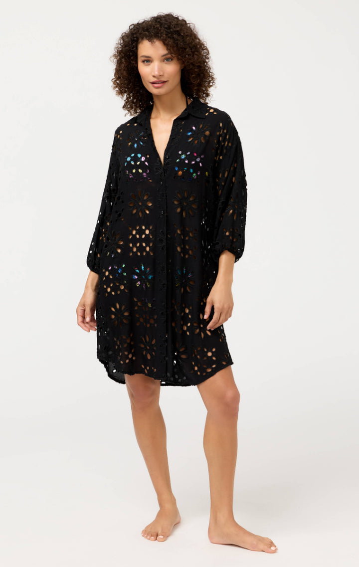 Johnny Was black eyelet shirtdress, comfortable loungewear with button-down front and eyelet detailing, perfect for casual wear.
