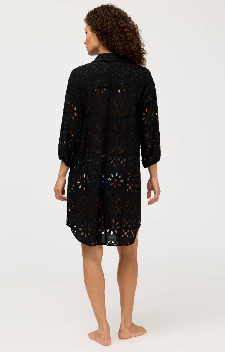 Black Johnny Was eyelet shirtdress, casual loungewear with eyelet details, button-down front, and relaxed fit.