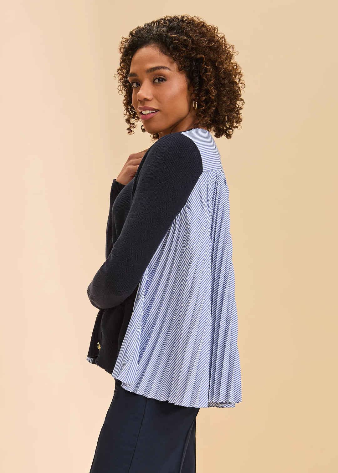 Navy mixed-media cardigan by FDJ, long sleeve tops with textured and smooth fabric panels, casual style, front view