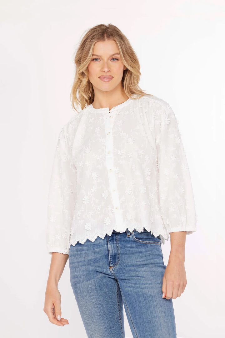 Mododoc Lace Cut Crew Blouse, a stylish top featuring intricate lace cut-out details, displayed on a neutral background.