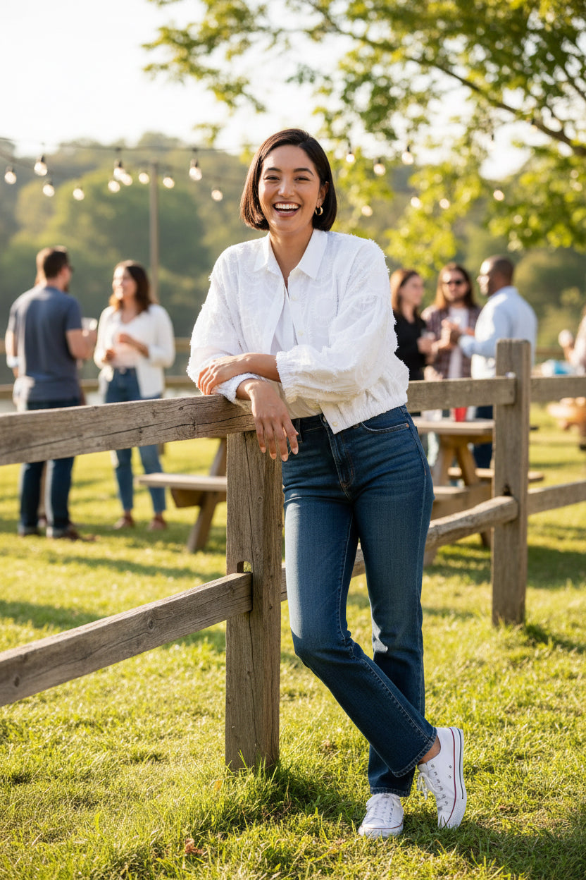 White Sundance jacket by Sister Mary, stylish women's tops featuring a clean design and comfortable fit.