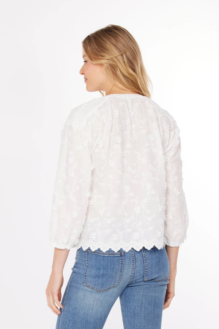 Mododoc lace cut crew blouse, showing intricate lace detailing and classic crew neckline on a stylish women's top.