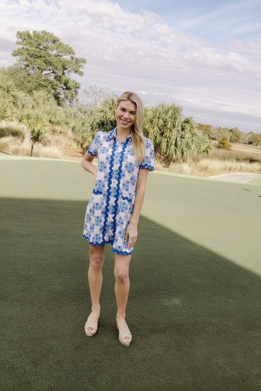 Sail to Sable floral tile ric rac dress featuring a fitted bodice, sleeveless design, and vibrant floral pattern for summer wear.