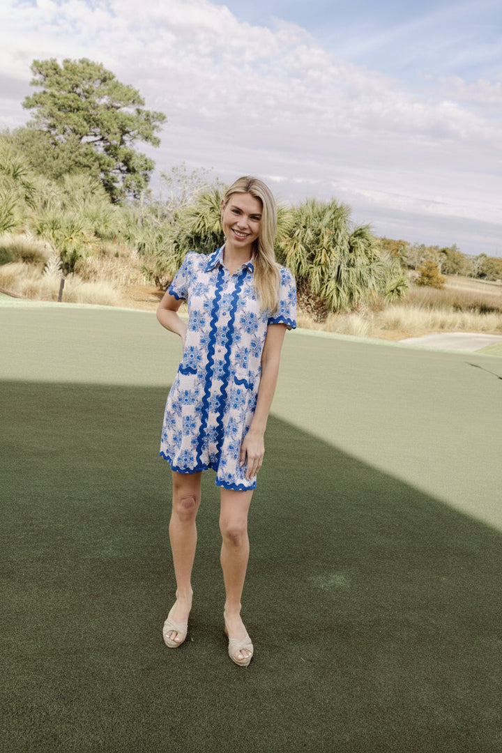 Sail to Sable floral tile ric rac dress featuring a fitted bodice, sleeveless design, and vibrant floral pattern for summer wear.