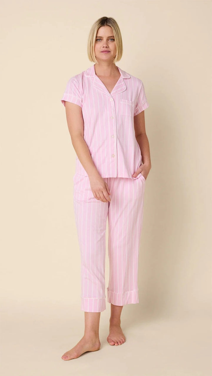 Heritage Pink Capri loungewear set by Cat's Pajamas featuring pink fabric and comfortable fit, perfect for relaxing at home.