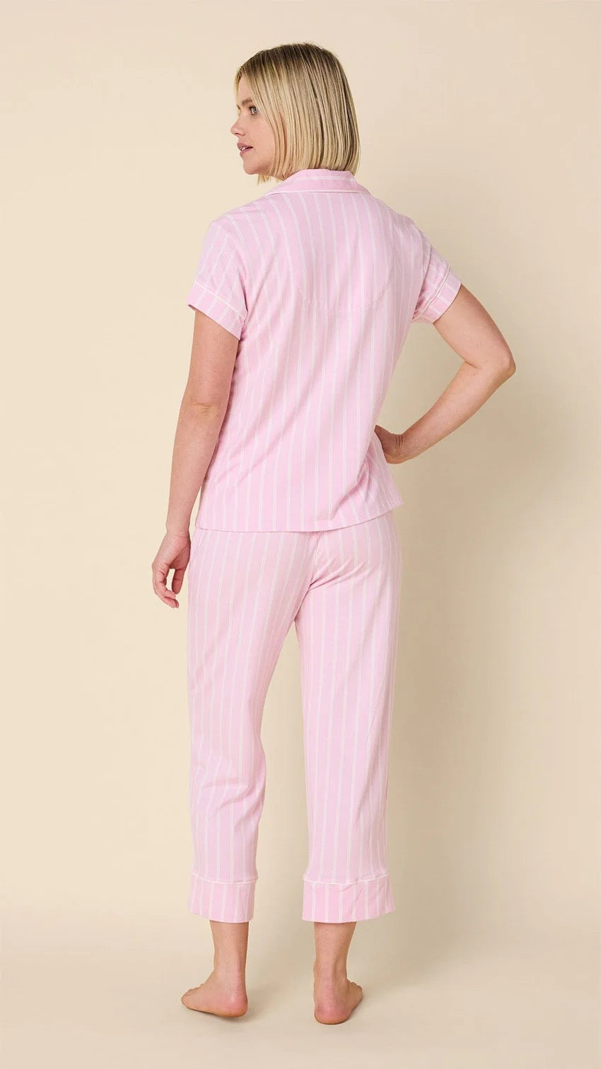 Heritage Pink Capri Set by Cat's Pajamas loungewear featuring pink capri pants and a matching top, stylish and comfortable for relaxing.