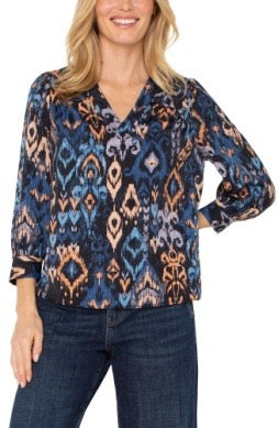 Blue Ikat V-Neck Blouse