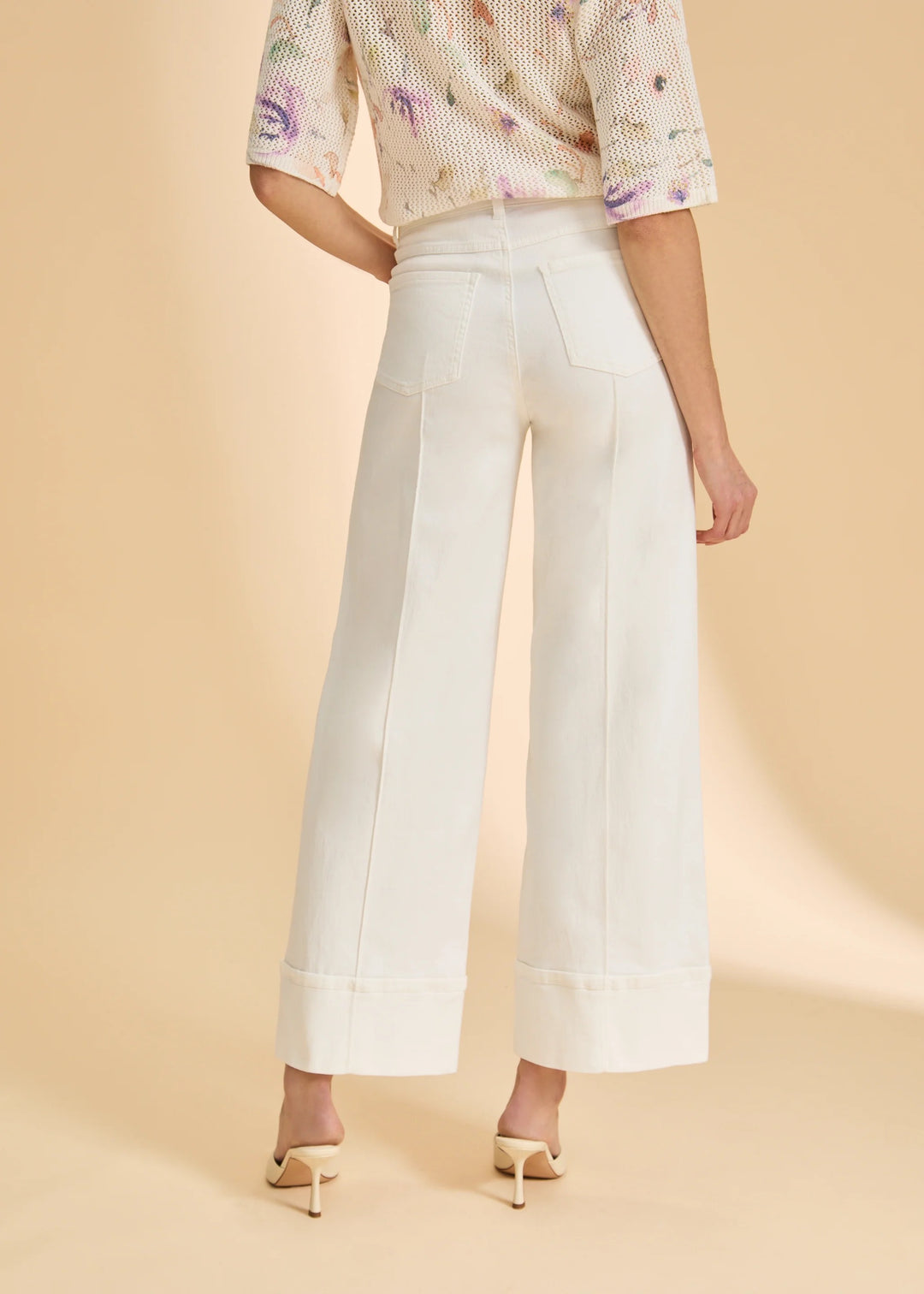 FDJ Oliva Cuff Wide Leg Jean bottoms, high-waisted denim with cuffed hems and relaxed fit, shown on a model.